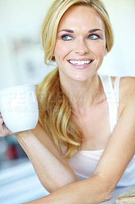 Buy stock photo Woman, coffee and morning in home with idea and thinking about day routine in kitchen with drink. Wellness, calm and health tea with smile and happy from weekend break at beach house rental with mug