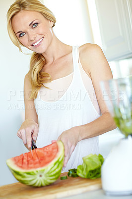 Buy stock photo Watermelon, portrait and woman in kitchen with smile, breakfast energy or food for gut health. Drink, nutrition and girl in home with fruit, blender and diet for digestion, weight loss or juice detox