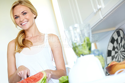 Buy stock photo Portrait, smoothie and woman in kitchen with watermelon, breakfast or food for gut health. Smile, nutrition and girl in home with fruit, blender and diet for digestion, weight loss or juice detox