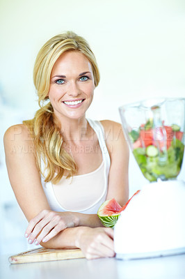 Buy stock photo Fruit, portrait and woman in kitchen with blender, breakfast drink or watermelon for gut health. Juice, nutrition and girl in home with food, smoothie and diet for digestion, weight loss or detox