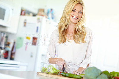 Buy stock photo Vegetables, portrait and woman in kitchen with smile, lunch or food for gut health, digestion or weight loss. Green salad, nutrition or girl in home with cooking, meal prep or diet wellness in Sweden