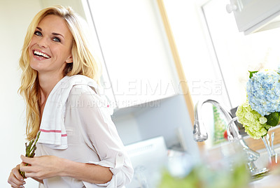 Buy stock photo Vegetables, cooking and happy woman with asparagus in kitchen for healthy diet, laughing or planning meal prep. Person, plants or vegan with natural food for organic benefits or recipe ideas in home