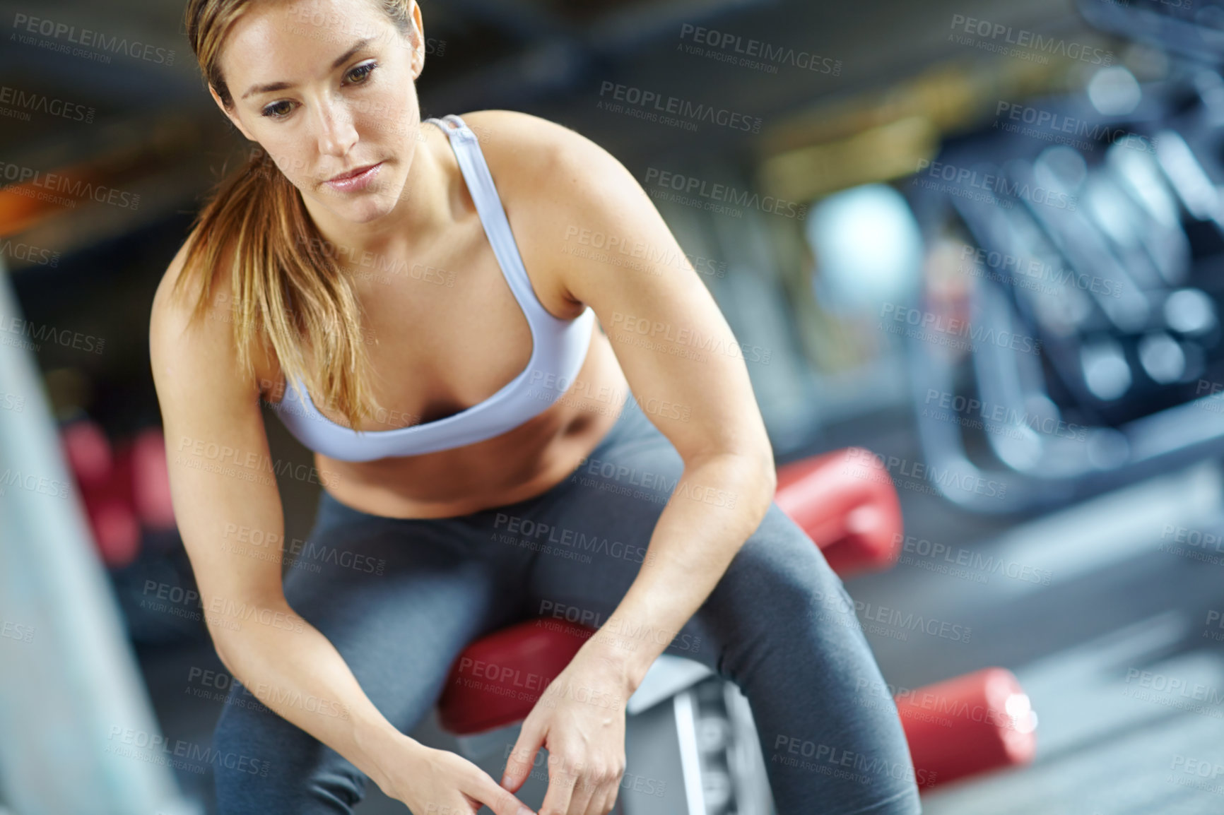 Buy stock photo Woman, thinking and workout break in gym, burnout and tired athlete for resting on machine. Female person, fitness and contemplating exercise or training, exhausted and ponder weight loss or fatigue