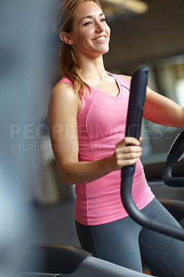 Buy stock photo Fitness, health and elliptical with woman in gym for  muscle training, resilience and workout. Cardio, strong and sports athlete with person and exercise for energy, wellness and strength movement