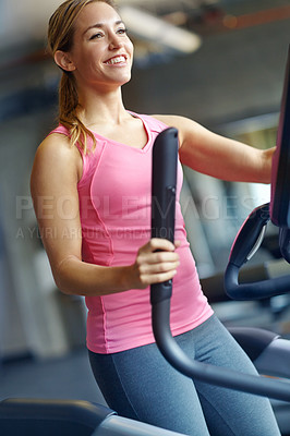 Buy stock photo Fitness, bike and elliptical with woman in gym for  muscle training, resilience and workout. Cardio, strong and sports athlete with person and exercise for energy, wellness and strength movement