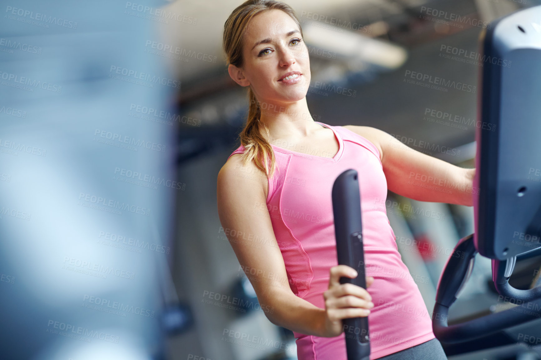 Buy stock photo Bike, cardio and elliptical with woman in gym for  muscle training, resilience and workout. Fitness, strong and sports athlete with person and exercise for energy, wellness and strength movement