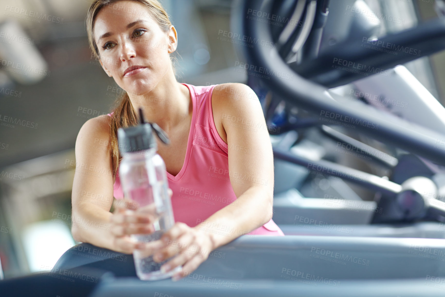 Buy stock photo Gym, woman and thoughts for fitness with water, liquid beverage and hydration for workout break. Training club, female person and thinking with bottle for mineral H2O, thirst or wellness for exercise