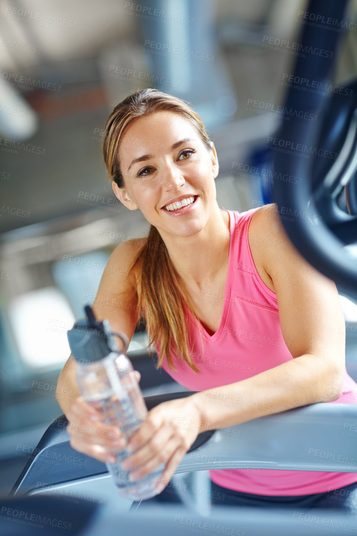 Buy stock photo Gym, woman thinking and rest for fitness with water, liquid beverage and hydration for workout break. Training, female person and thoughts with bottle for mineral H2O, thirst or wellness for exercise