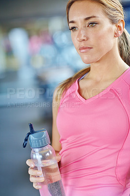 Buy stock photo Gym, woman thinking and idea for fitness with water, liquid beverage and hydration for workout break. Training, female person and thoughts with bottle for mineral H2O, thirst or wellness for exercise