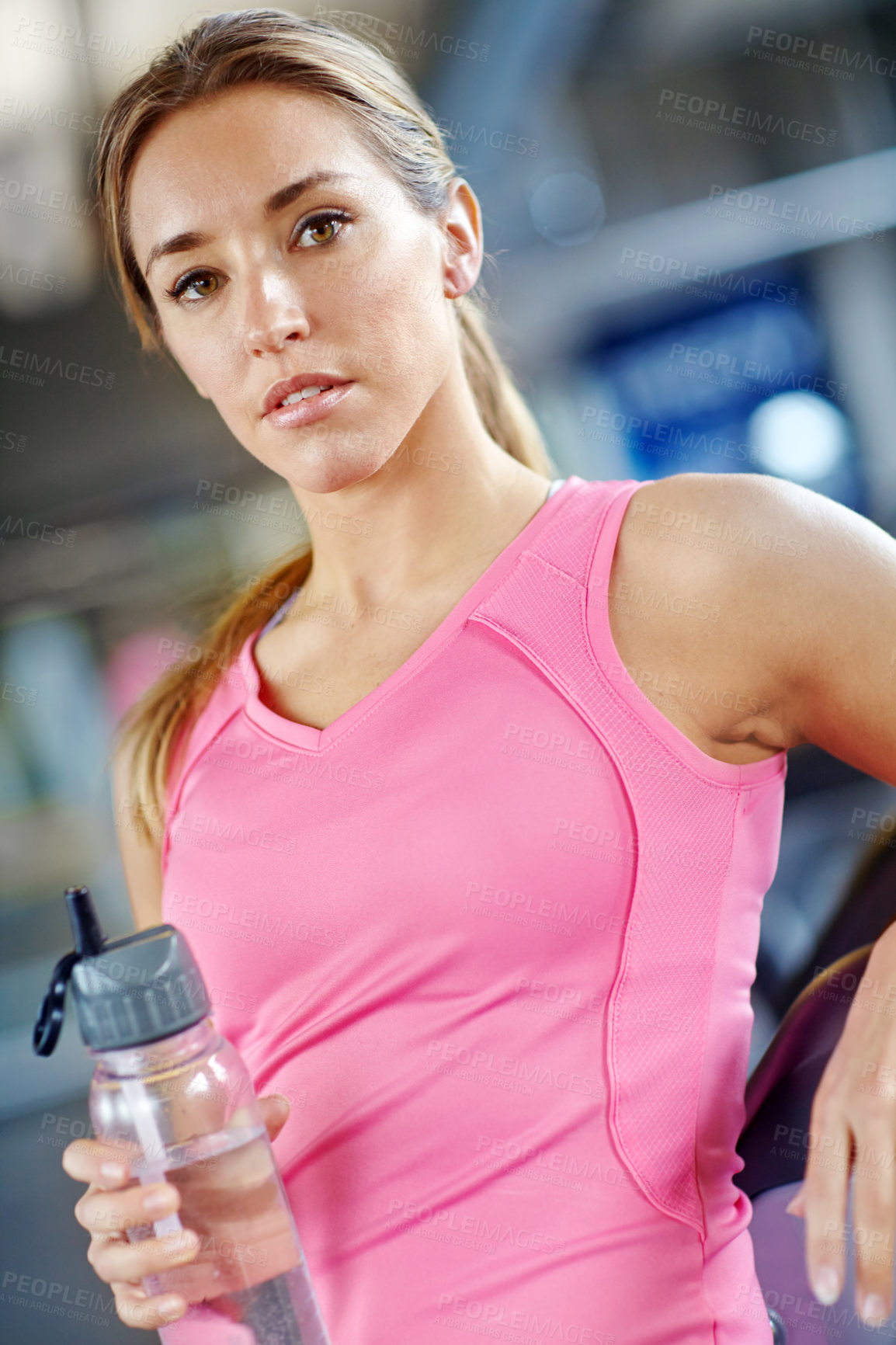 Buy stock photo Gym, woman portrait and training for fitness with water, liquid beverage and hydration for workout break. Exercise, female person and thinking with bottle for mineral H2O, thirst or idea for wellness
