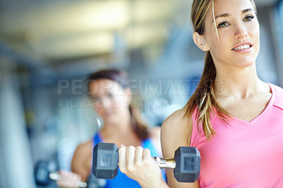 Buy stock photo Weights, dumbbells and woman in gym for workout, bodybuilder training and exercise. Fitness, sports club and happy person weightlifting with muscles for strength, health and wellness for strong arms