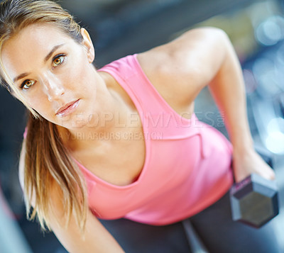 Buy stock photo Bodybuilder, action and club with woman in gym for exercise, weights or fitness. Weightlifting, dumbbell or sports athlete with person training and muscle for energy, wellness and workout performance