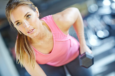 Buy stock photo Bodybuilder, fitness and club with woman in gym for exercise, weights or power. Weightlifting, dumbbell or sports athlete with person training and muscle for energy, wellness and workout performance