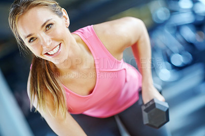 Buy stock photo Bodybuilder, weights and club with woman in gym for exercise, workout or power. Weightlifting, dumbbell or sports athlete with person training and muscle for energy, wellness and fitness performance