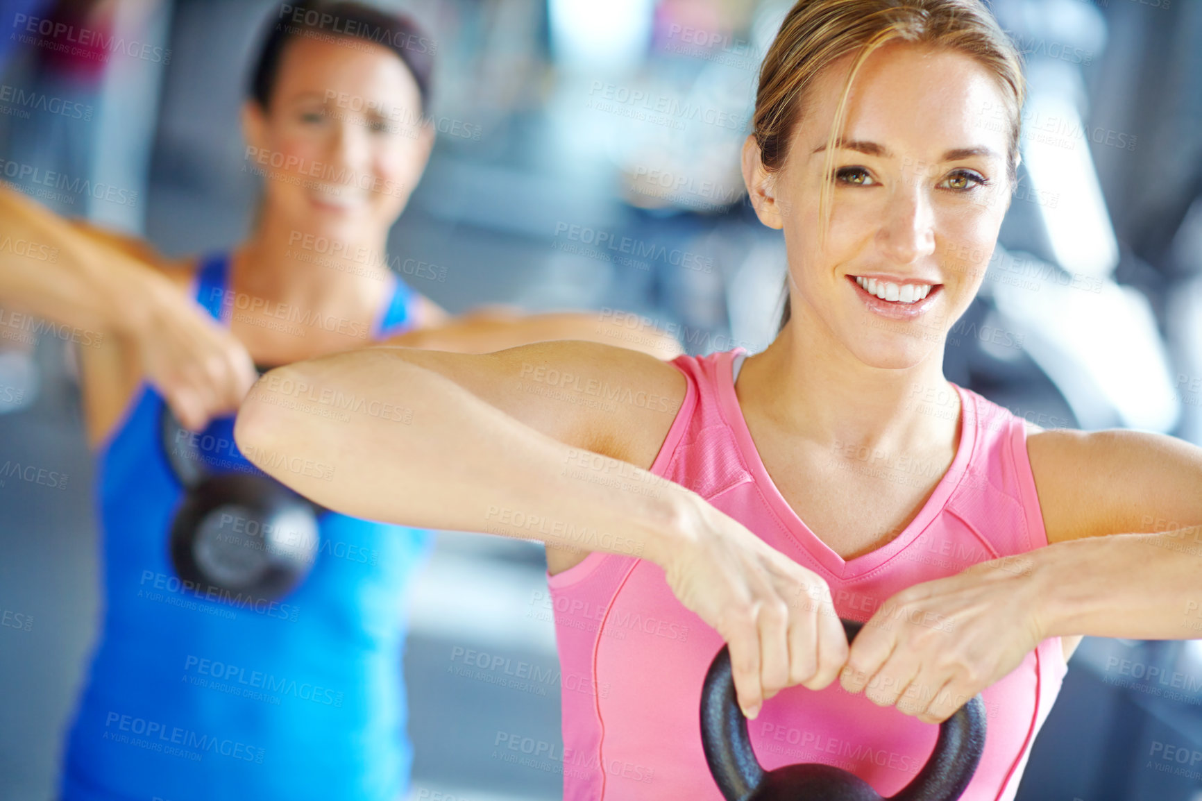 Buy stock photo Fitness, kettle bell and portrait of woman in gym for workout, bodybuilder training and exercise. Health, sports and happy person weightlifting for strength, muscles and wellness for strong arms