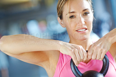 Buy stock photo Strong, kettlebell and workout with woman in gym for exercise, club or power. Weightlifting, weights or sports athlete with person training and muscle for energy, wellness and fitness performance