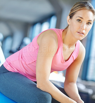 Buy stock photo Woman, portrait and break on workout ball, burnout and tired athlete for resting in gym. Female person, fitness recovery and equipment for exercise or training, exhausted and weight loss or fatigue