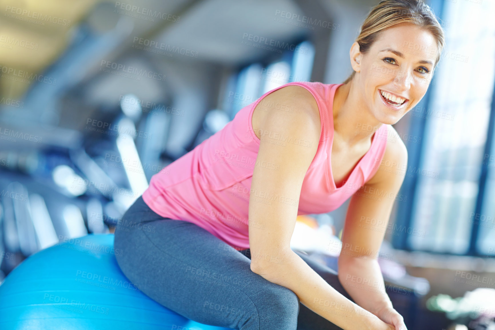 Buy stock photo Woman, portrait and break on fitness ball, burnout and tired athlete for resting in gym. Female person, body recovery and equipment for exercise or training, exhausted and weight loss or fatigue