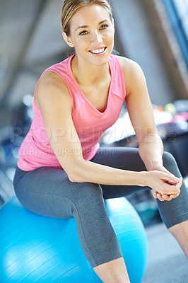 Buy stock photo Woman, portrait and break on exercise ball, sportswear and tired athlete for resting in gym. Female person, body recovery and equipment for workout or training, exhausted and weight loss or fatigue