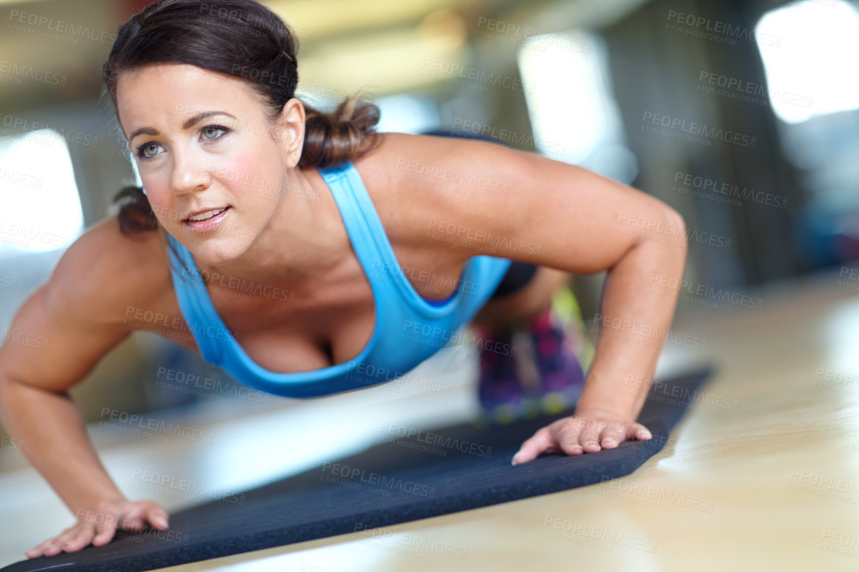 Buy stock photo Strong, floor and push up with woman in gym for  muscle training, body fitness and workout. Cardio exercise, yoga mat and sports athlete with person and commitment for energy, wellness and movement