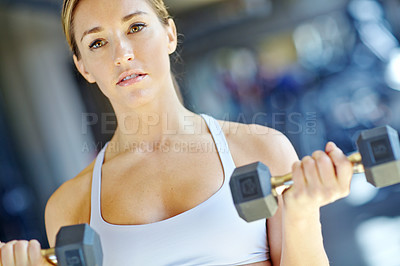 Buy stock photo Fitness, workout and dumbbell with woman in gym for  muscle training, resilience and health. Weightlifting, strong and sports athlete with person and exercise for energy, wellness and weights