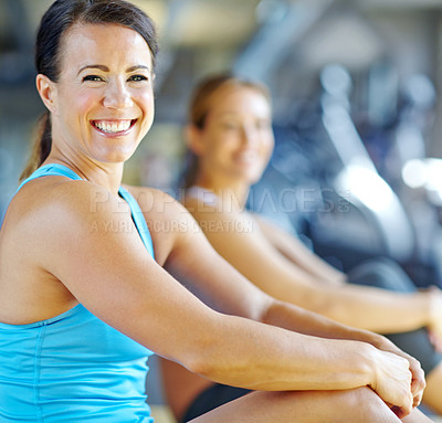 Buy stock photo Gym, portrait and happy woman with rest for fitness, exercise and training for wellness in health club. Female person, athlete or break with smile for performance, workout session or relax for energy