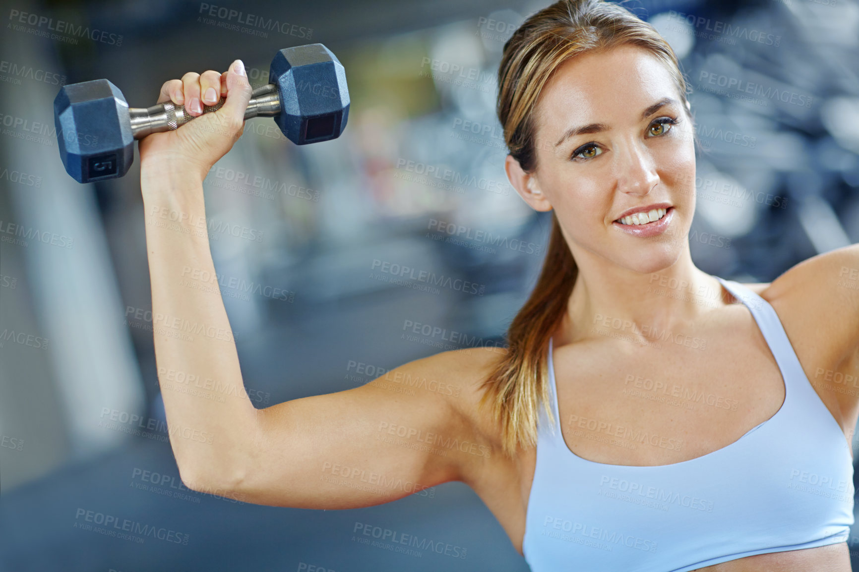 Buy stock photo Dumbbell, training and weightlifting with woman in gym for muscle workout, performance and fitness. Weights, strong and sports athlete with person and exercise for energy, wellness and health