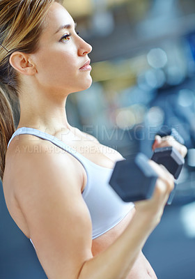 Buy stock photo Bodybuilder, exercise and weightlifting with woman in gym for workout, performance and fitness. Weights, dumbbell and sports athlete with person training and muscle for energy, wellness and health