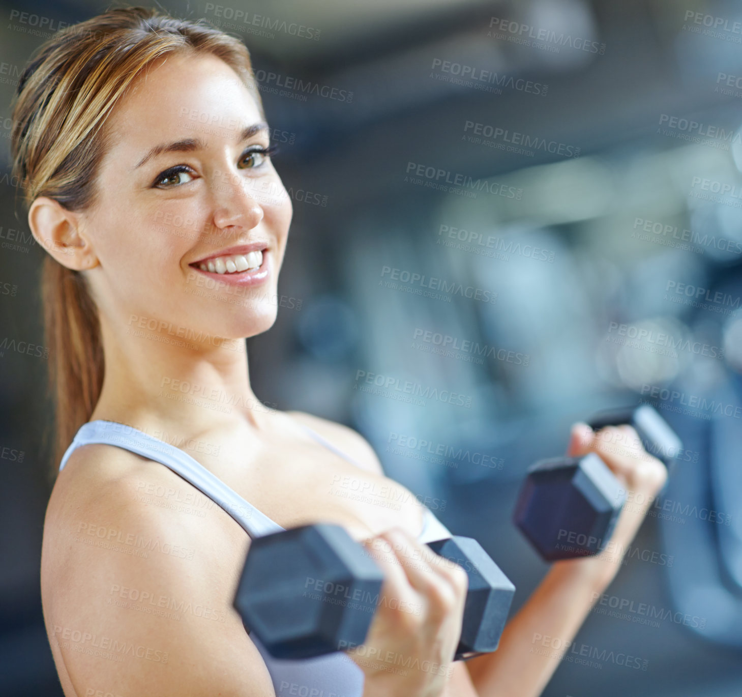 Buy stock photo Bodybuilder, smile and weights with woman in gym for exercise, performance and fitness. Weightlifting, dumbbell and sports athlete with person training and muscle for energy, wellness and health