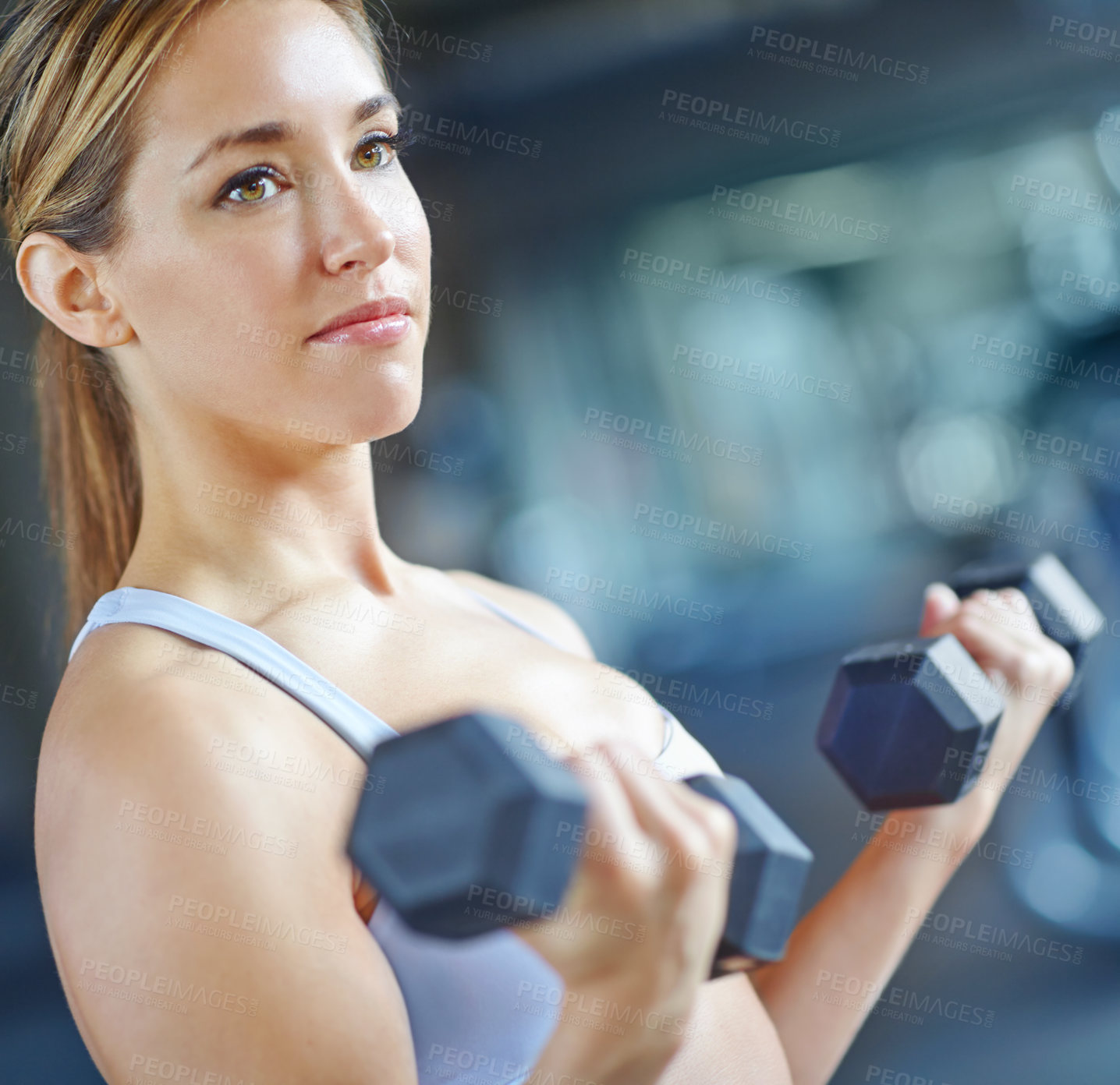 Buy stock photo Bodybuilder, performance and weights with woman in gym for exercise, workout and fitness. Weightlifting, dumbbell and sports athlete with person training and muscle for energy, wellness and health