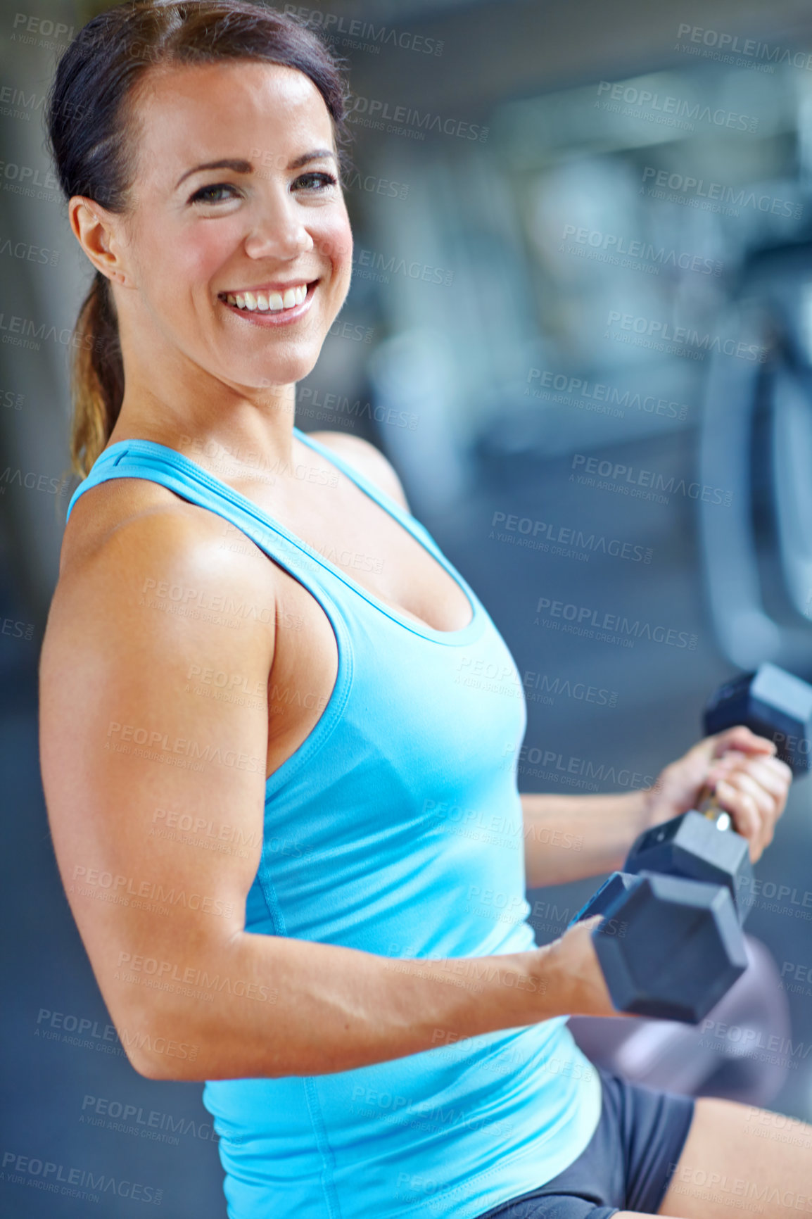 Buy stock photo Bodybuilder, performance and portrait with woman in gym for exercise, weights and fitness. Weightlifting, dumbbell and sports athlete with person training and muscle for energy, wellness and workout