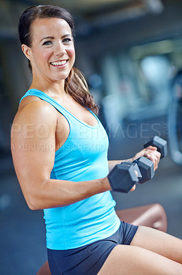 Buy stock photo Bodybuilder, smile and portrait with woman in gym for exercise, weights and fitness. Weightlifting, dumbbell and sports athlete with person training and muscle for energy, wellness and workout