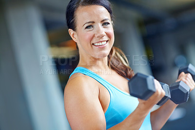 Buy stock photo Bodybuilder, happy and portrait with woman in gym for exercise, weights and fitness. Weightlifting, dumbbell and sports athlete with person training and muscle for energy, wellness and workout