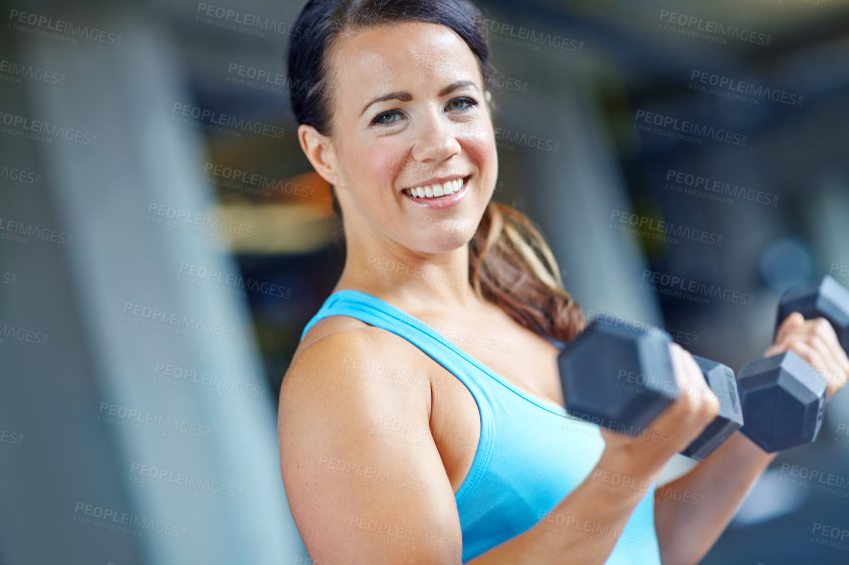 Buy stock photo Bodybuilder, happy and portrait with woman in gym for exercise, weights and fitness. Weightlifting, dumbbell and sports athlete with person training and muscle for energy, wellness and workout