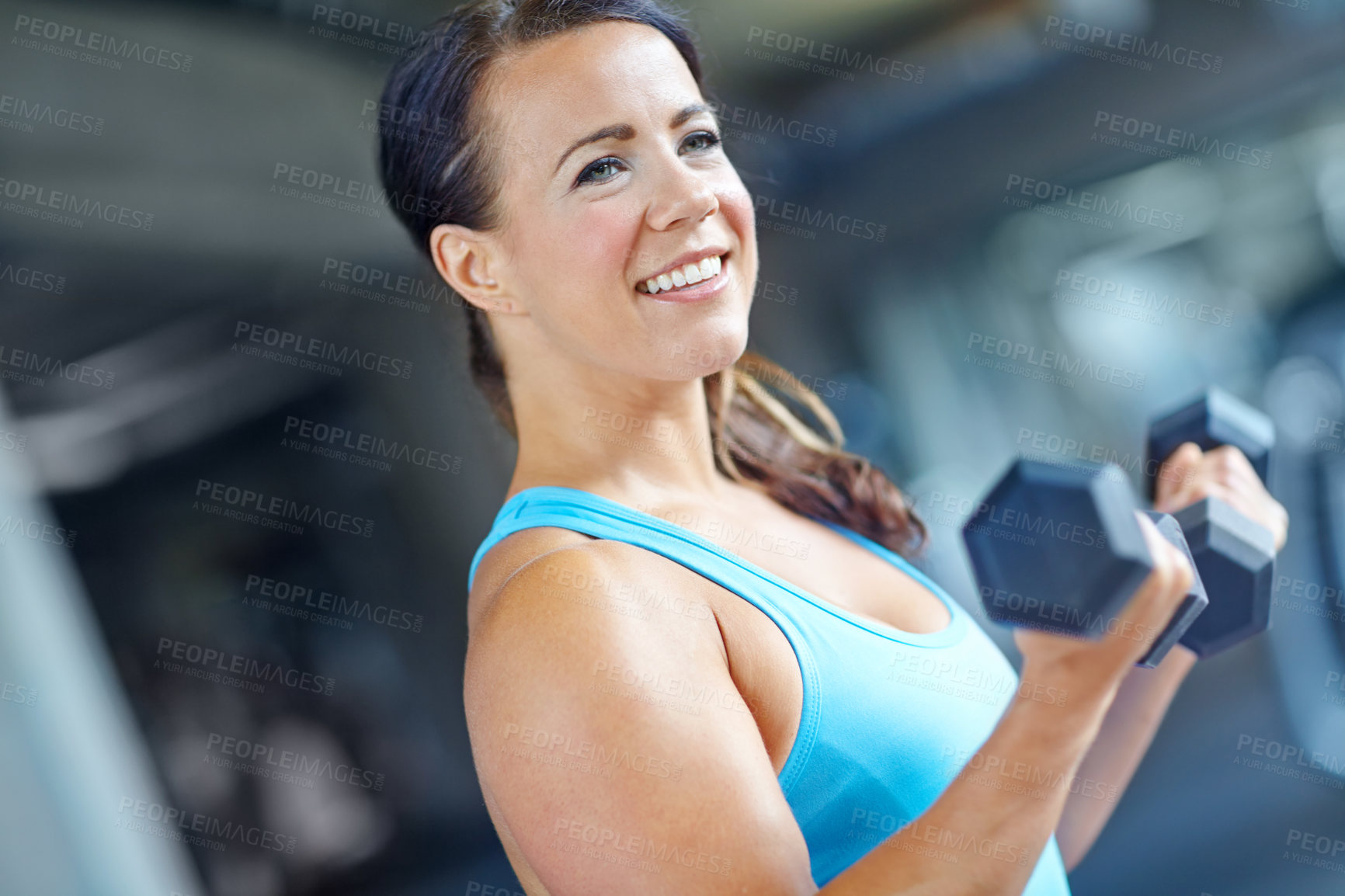 Buy stock photo Bodybuilder, smile and club with woman in gym for exercise, weights and fitness. Weightlifting, dumbbell or sports athlete with person training and muscle for energy, wellness and workout performance