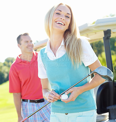 Buy stock photo Golf, woman and man in portrait with smile, outdoor fun and fitness on weekend morning on course. Confidence, teamwork and happy couple on green for sports date, health and wellness with partnership.