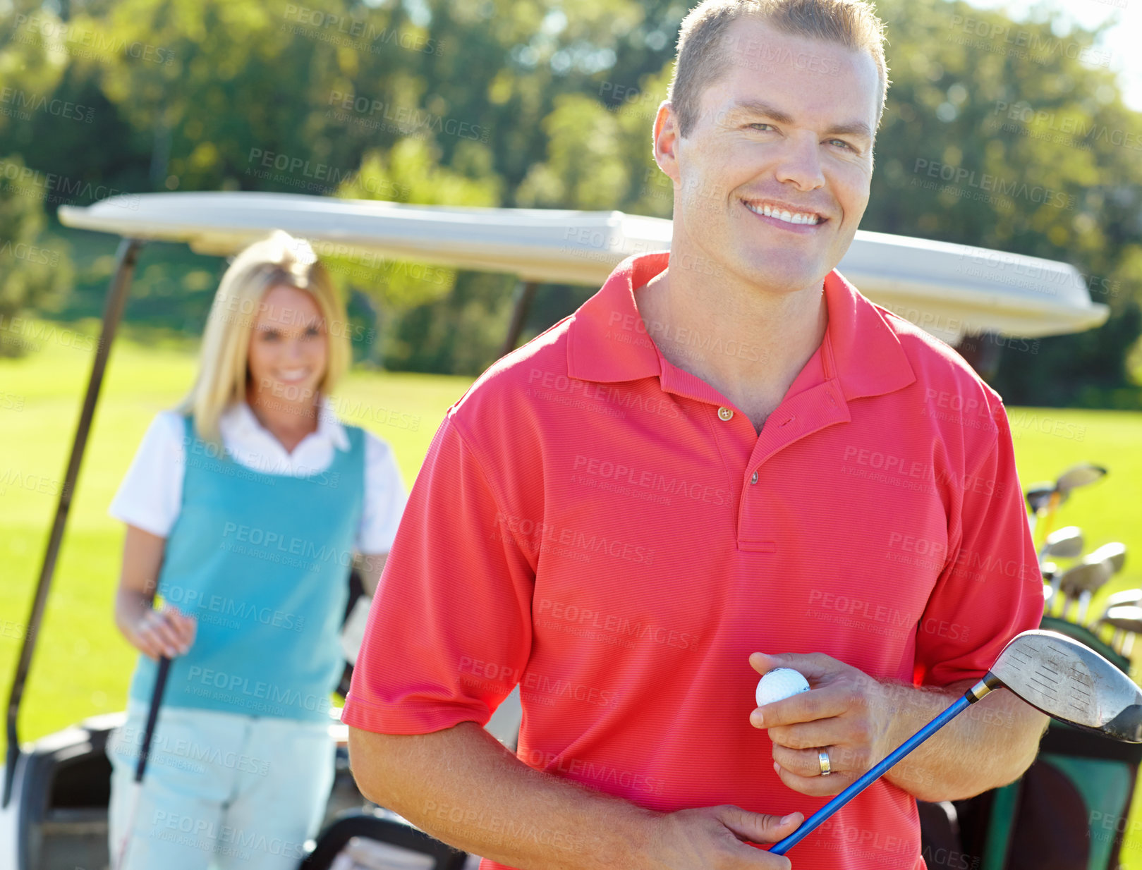 Buy stock photo Golf, woman and happy man in portrait with smile, outdoor fun and fitness on weekend morning. Confidence, teamwork and couple on green for sports date, health and wellness with partnership on course