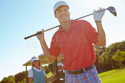 Buy stock photo Golf course, portrait and man with smile, club and outdoor fun for fitness on weekend morning. Confidence, teamwork and happy couple on green for sports date, health and wellness with partnership.