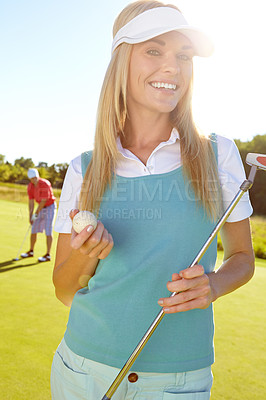 Buy stock photo Happy woman, portrait and young golfer with ball for game, sports match or outdoor activity on grass field. Female person or player with smile or golf club for competition or challenge on course