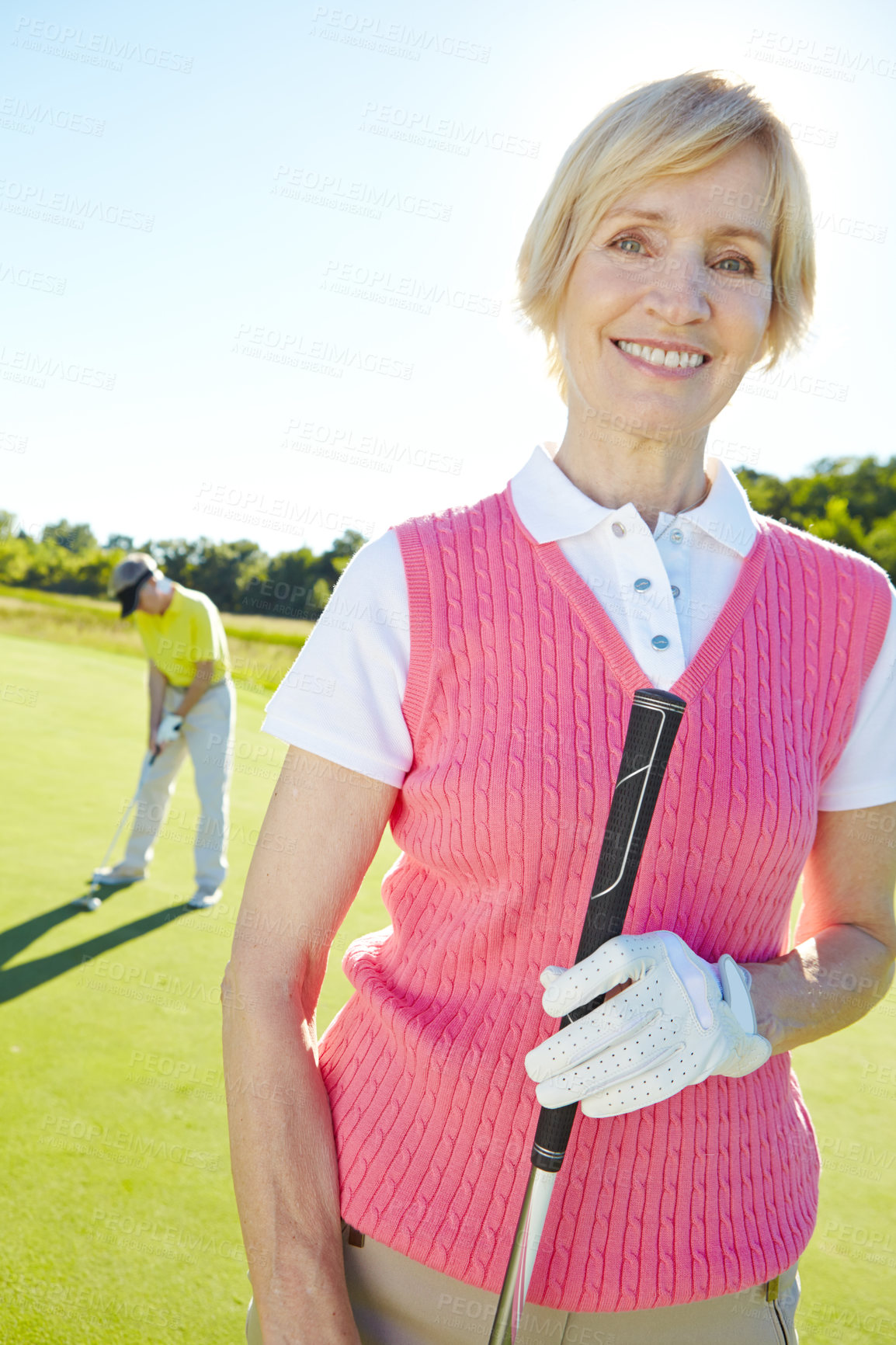 Buy stock photo Golfing, smile and portrait of woman at country club for practice, challenge or exercise outdoor. Happy, person and mature female golfer from Ireland by cart for training, competition or tournament.