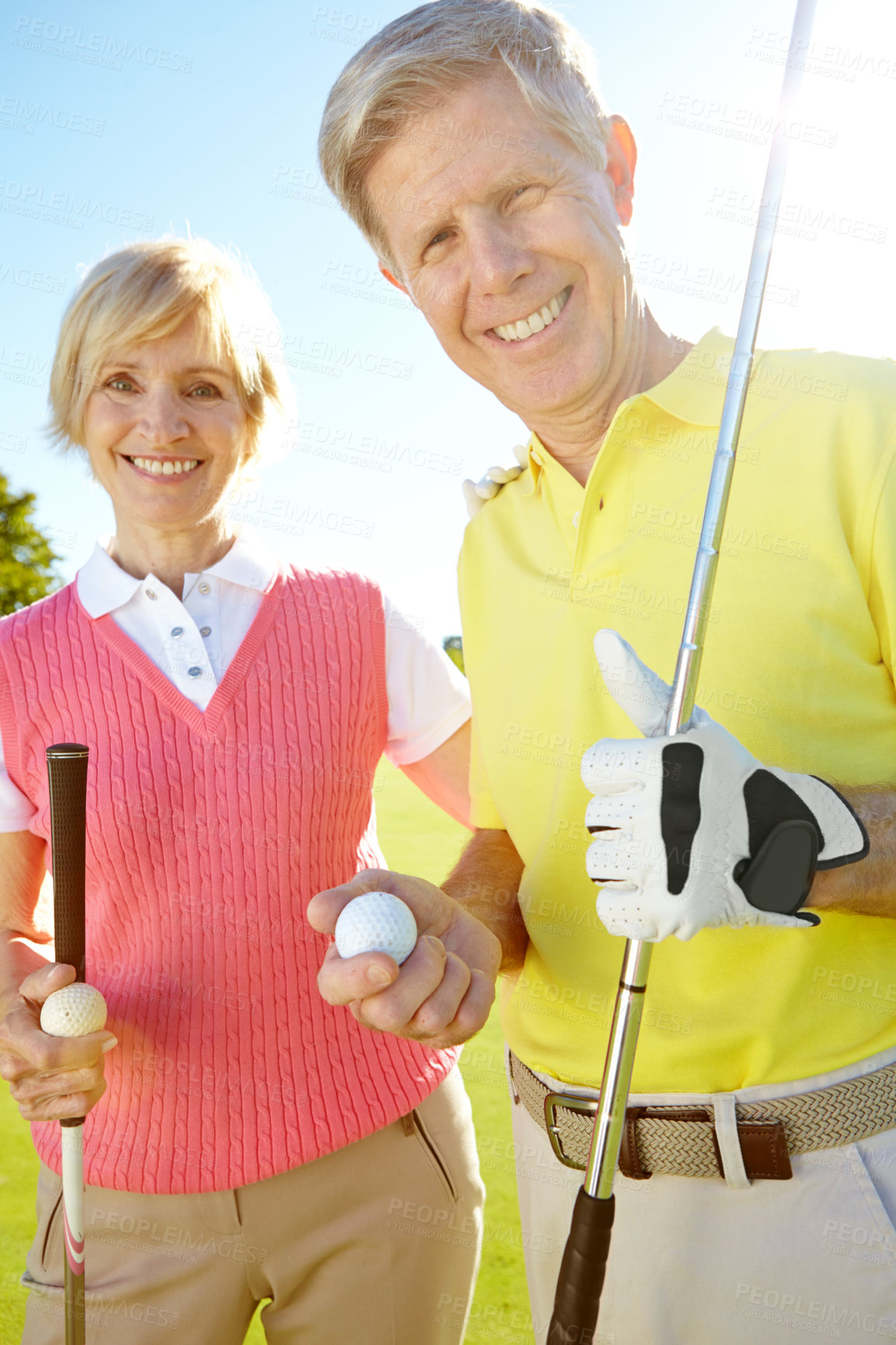 Buy stock photo Golf course, mature woman and man in portrait with smile, outdoor fun and fitness on weekend morning. Confidence, teamwork and happy couple on green for sports, health and wellness with partnership.