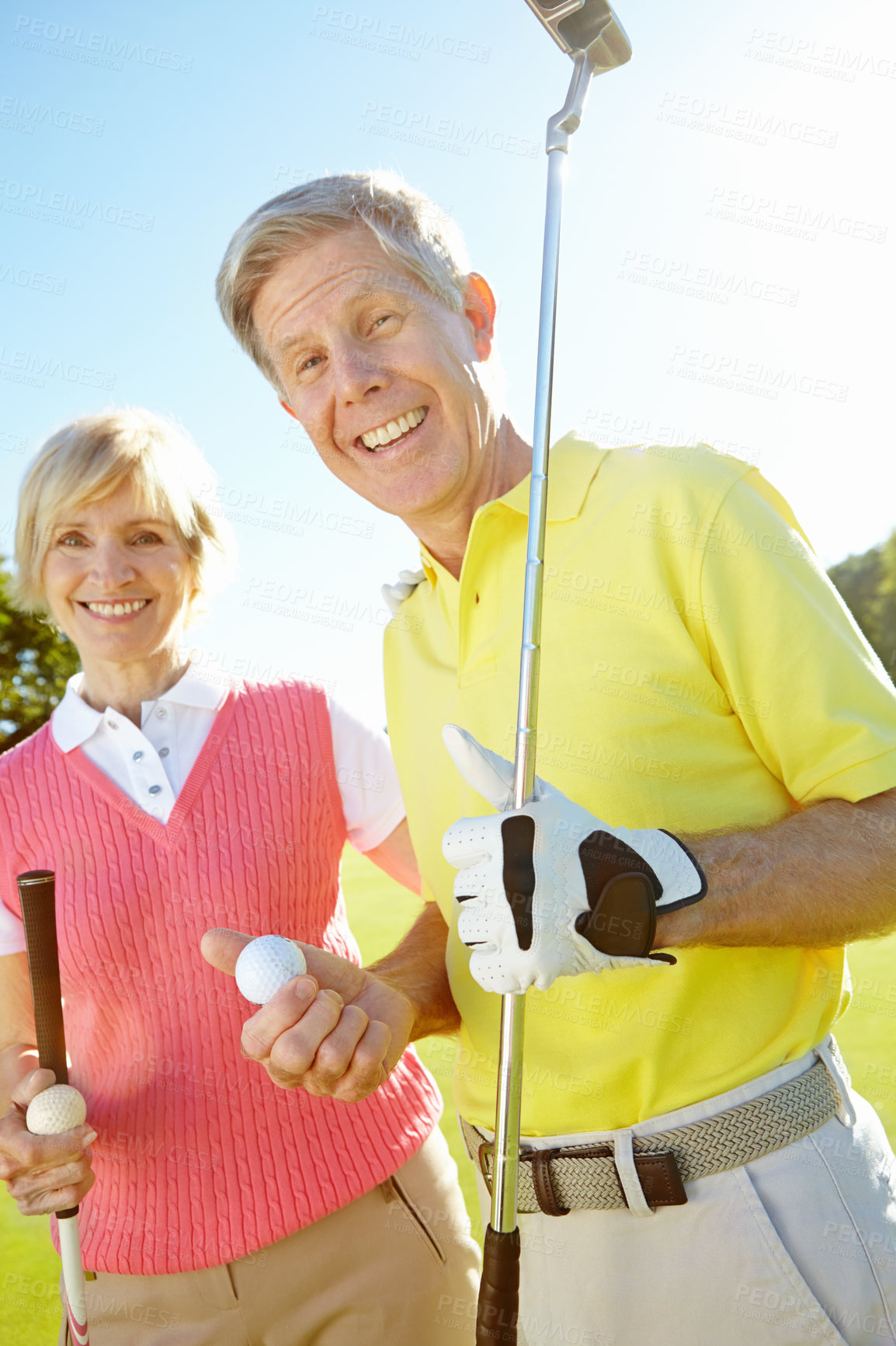 Buy stock photo Golf, mature woman and man in portrait with smile, outdoor fun and fitness on weekend morning. Confidence, teamwork and happy couple on green for sports date, health and wellness with partnership.