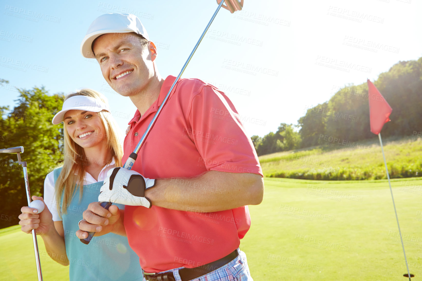 Buy stock photo Portrait, smile and couple with club at golf course for outdoor sports, practice and bonding. Happy, man and woman with equipment in nature for weekend hobby, exercise and training together at field