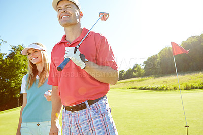 Buy stock photo Thinking, smile and couple with club at golf course for outdoor sports, training and bonding. Happy, man and woman with equipment in nature for weekend hobby, exercise and practice together at field