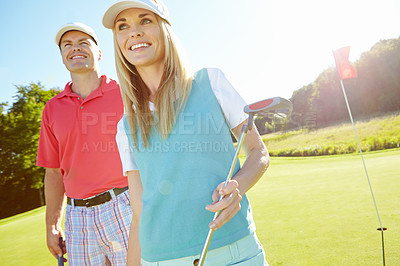 Buy stock photo Thinking, happy and couple with club at golf course for outdoor sports, training and bonding. Smile, woman and man with equipment in nature for weekend hobby, exercise and practice together at field