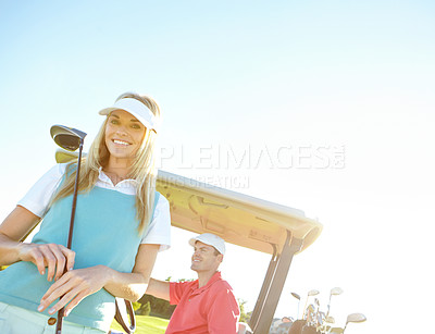 Buy stock photo Golf cart, course and portrait of couple with smile, outdoor fun and team fitness on weekend morning. Confidence, happy woman and man on green for sports date, health and wellness with partnership