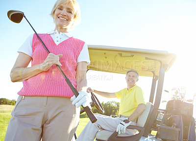 Buy stock photo Golf, smile and portrait of mature woman with club, game or outdoor fun for fitness course on weekend morning. Confidence, exercise and happy couple on green for sports challenge, health and wellness