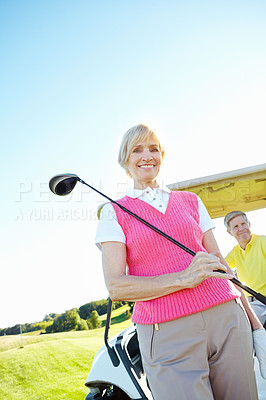 Buy stock photo Golf, club and portrait of mature woman with smile, game or outdoor fun for fitness course on weekend morning. Confidence, exercise and happy couple on green for sports challenge, health and wellness