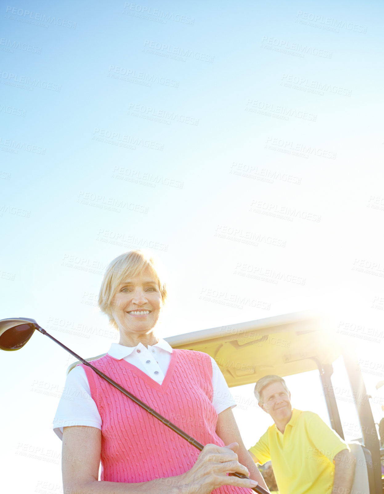 Buy stock photo Sports, golf and portrait of mature woman with club for game, match and competition on course. Retirement, mockup space and couple in morning with smile for training, fun and practice with blue sky