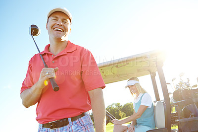 Buy stock photo Sports, happy and portrait of man on golf course for game, match and competition on grass field. Recreation, hobby and couple with cart in morning for playing, tournament and practice together